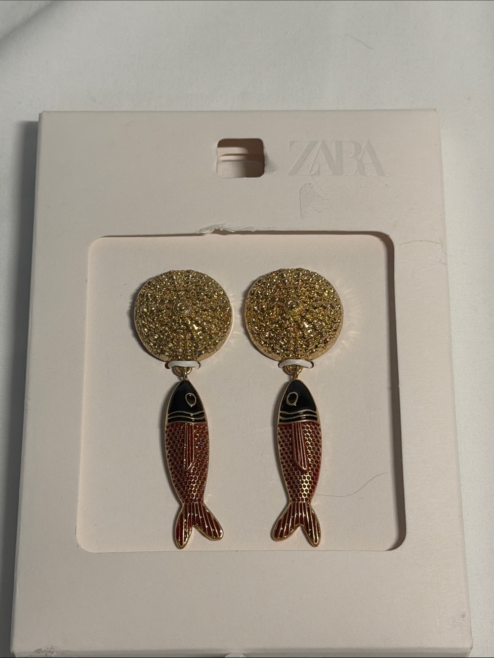 ZARA 3" Gold Glitter Disc Earrings with Black and Red Hanging Fish Drops